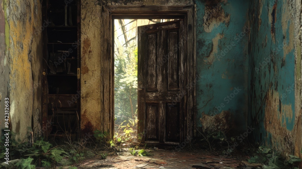 A broken door in an abandoned house reveals the unknown, symbolizing the passage of time. The scene combines decay with a cracked glass frame and forgotten debris. A broken door in an abandoned house reveals the unknown, symbolizing the passage of time. The scene combines decay with a cracked glass frame and forgotten debris.