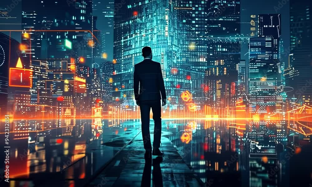A businessman walks against the backdrop of the city of the future and futuristic nighttime interface graphics A businessman walks against the backdrop of the city of the future and futuristic nighttime interface graphics