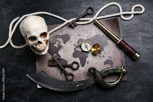 Skull with map, compass, sw...