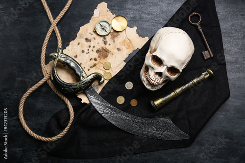 Skull with coins, sword and rope on dark background. Pirate concept