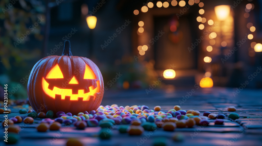 A glowing jack-o'-lantern set on a porch, with candy spread out. A glowing jack-o'-lantern set on a porch, with candy spread out.