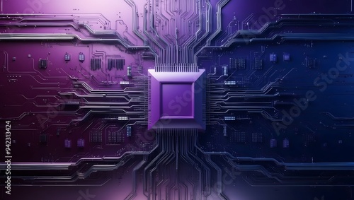 Visually striking abstract illustration of a microchip surrounded by circuit pathways, blending technology and art in a purple and blue color scheme.