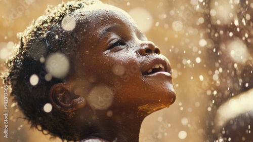 A young boy smiling while standing in a puddle of water, AI