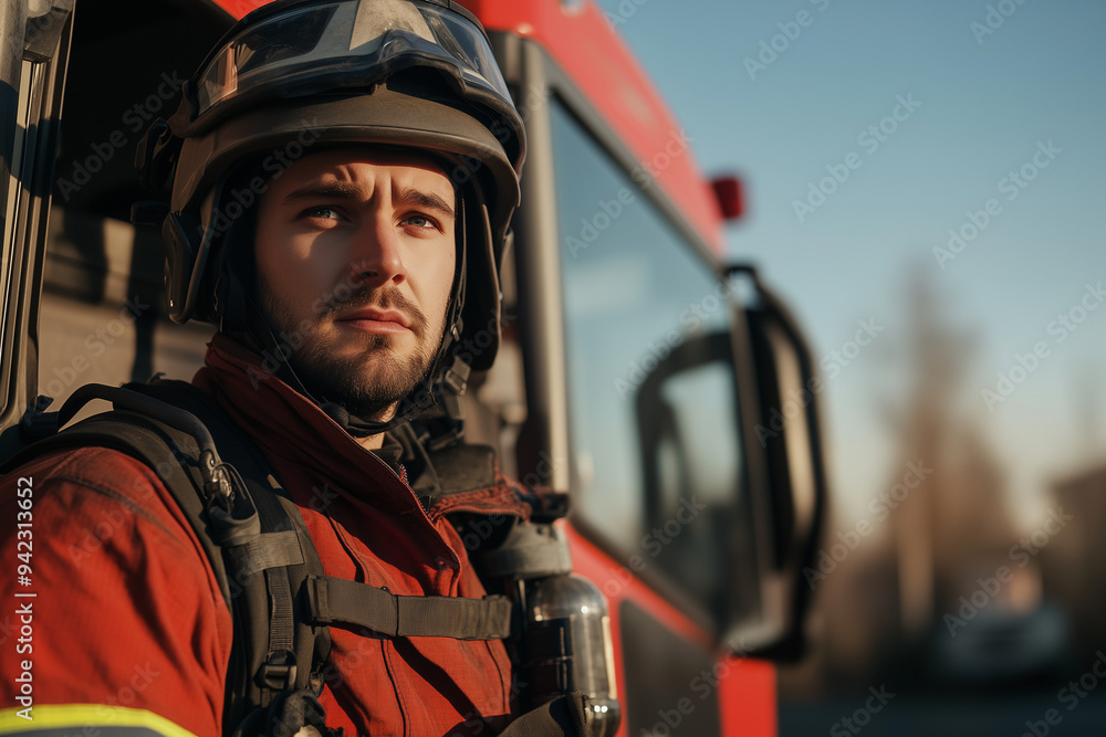 Young firefighter in red protective gear standing beside a fire truck, looking focused and ready for action in the early morning light Young firefighter in red protective gear standing beside a fire truck, looking focused and ready for action in the early morning light