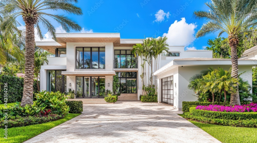 Modern Tropical House Exterior with Palm Trees and Landscaped Garden Modern Tropical House Exterior with Palm Trees and Landscaped Garden