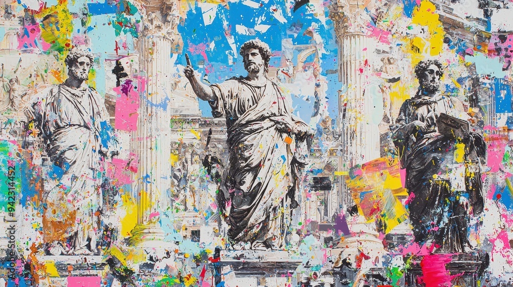 Abstract Art Painting of Ancient Roman Statues in a Colorful Splashes Style Abstract Art Painting of Ancient Roman Statues in a Colorful Splashes Style