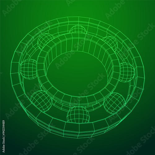 Roller bearing. Circular round rotating bearings used in industry for heavy equipment mechanical work and engineering. Wireframe low poly mesh vector illustration.