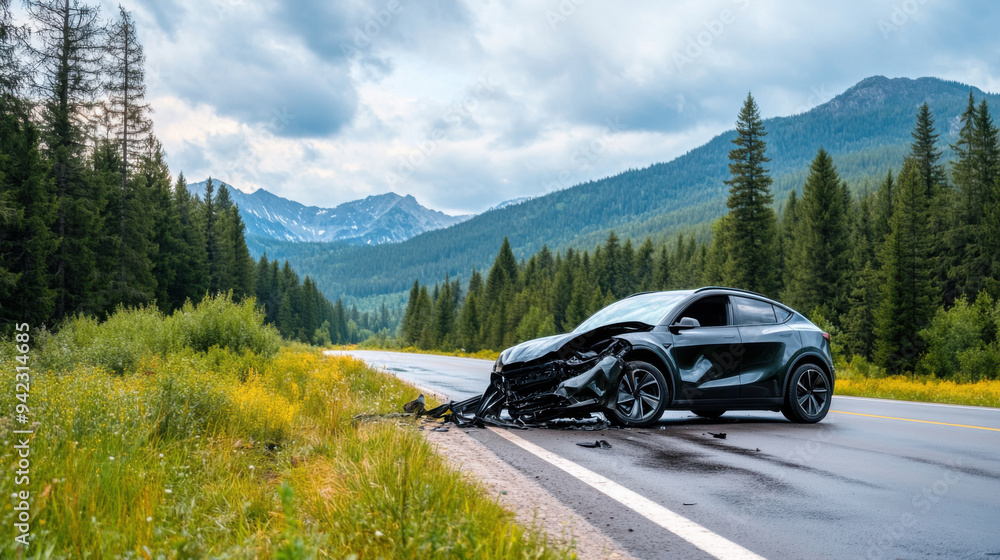 A black car with significant front-end damage on a remote, scenic mountain road surrounded by forest and mountains. A black car with significant front-end damage on a remote, scenic mountain road surrounded by forest and mountains.