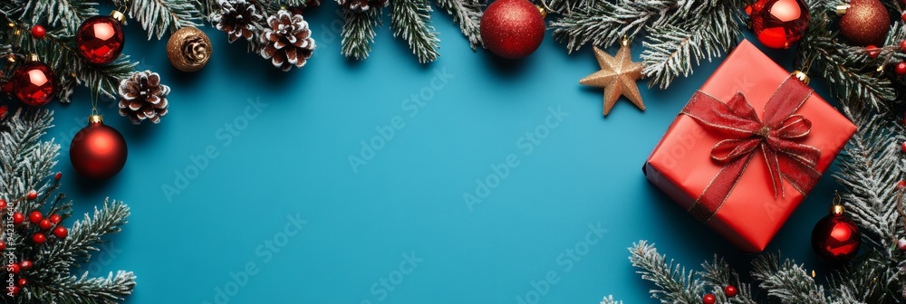 Merry Christmas and Happy Holidays greeting card with ornaments and gifts on a blue background for winter celebrations