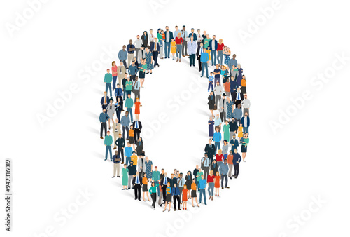 Illustration vectorielle représentant la lettre O de l'alphabet constituée d'une foule de personnages d'âge, de races et de sexes différents