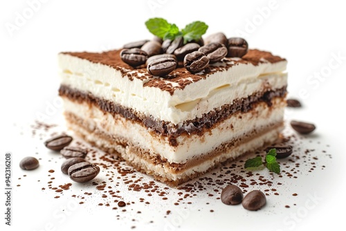 Delicious Tiramisu Dessert with Coffee Beans and Mint