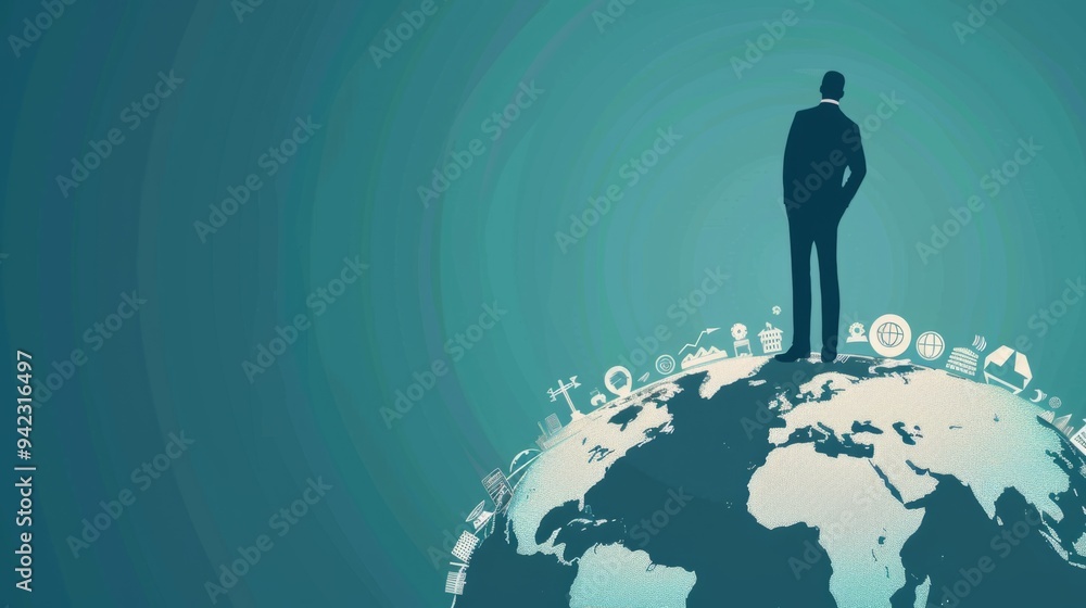 Businessman on top of the world, with global market data generative ai Businessman on top of the world, with global market data generative ai