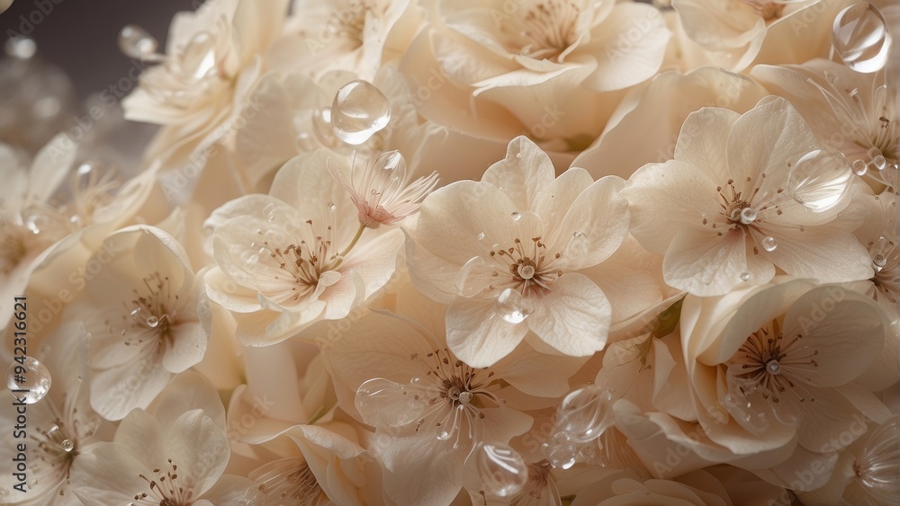 Delicate beige flowers with glass shine among drops of water Delicate beige flowers with glass shine among drops of water