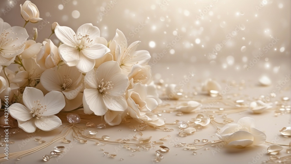 Delicate beige flowers with glass shine among drops of water Delicate beige flowers with glass shine among drops of water