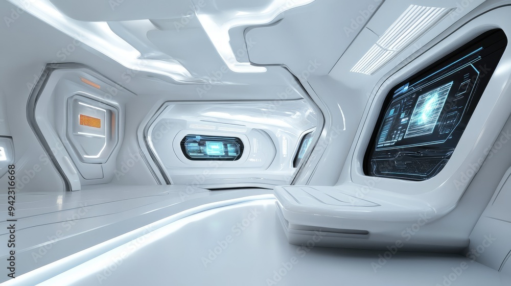 Futuristic study area with interactive screens Futuristic study area with interactive screens