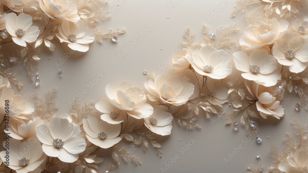 Delicate beige flowers with glass shine among drops of water Delicate beige flowers with glass shine among drops of water