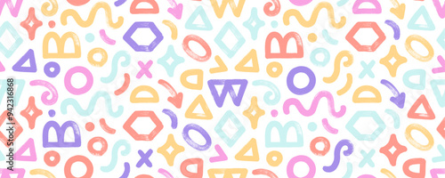 Colorful seamless pattern with basic geometric shapes and figures in kid's doodle style.