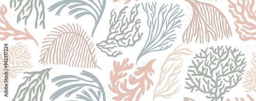 Pastel colored coral reef or seaweeds vector seamless pattern. Hand drawn linear underwater plants, naive corals and algae. Seamless banner design with trendy Matisse style curly seaweeds.