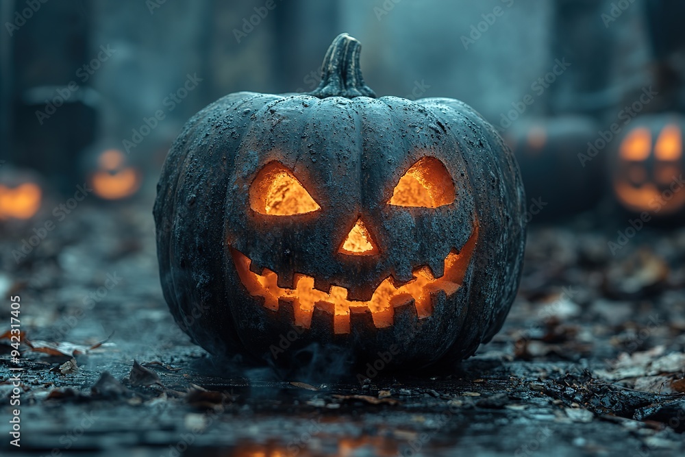 Spooky halloween pumpkins in forest. Scary halloween background with free space for text. Jack-o-lantern on a wooden table Spooky halloween pumpkins in forest. Scary halloween background with free space for text. Jack-o-lantern on a wooden table