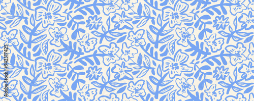 Naive style seamless pattern with brush drawn blue flowers. Chamomile, daisy or poppy with stems. Kid doodle floral drawing in naive or primitive style. Abstract childish simple drawing.
