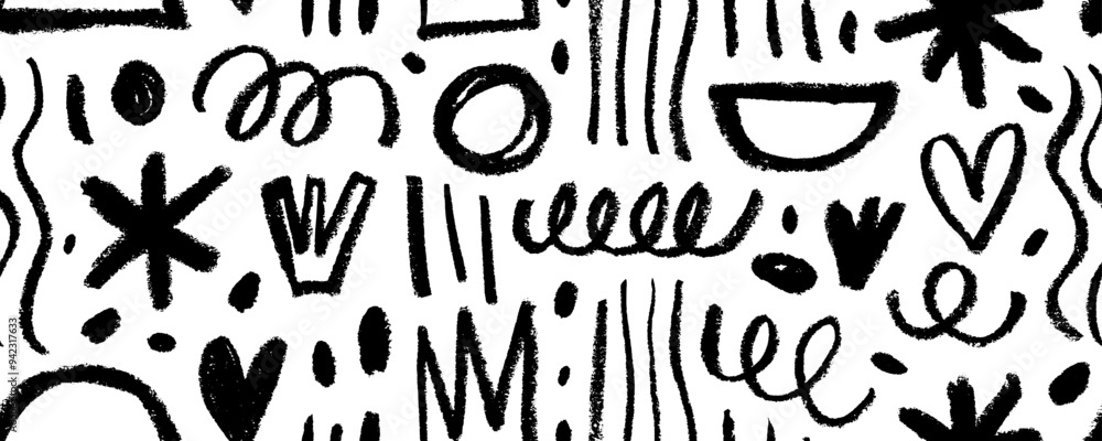Chalk and charcoal doodle shapes seamless pattern. Hand drawn doodle elements with rough pencil texture. Chalk and charcoal doodle shapes seamless pattern. Hand drawn doodle elements with rough pencil texture.
