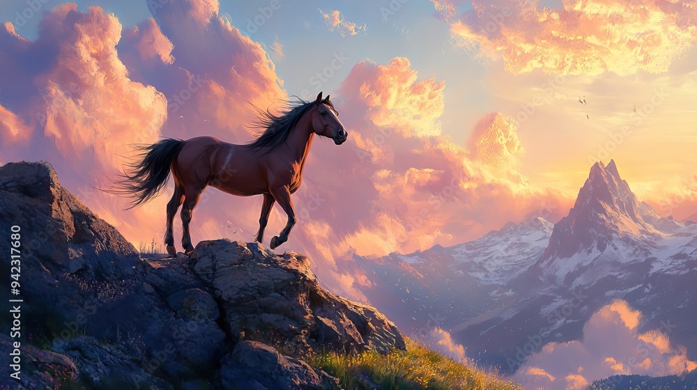 Majestic Horse Observing the Horizon from Rocky Peak at Dusk Majestic Horse Observing the Horizon from Rocky Peak at Dusk