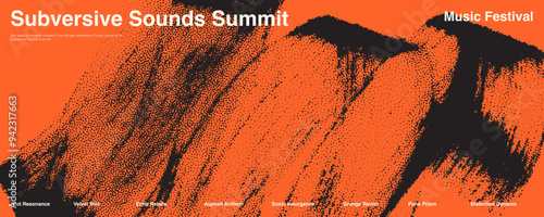 Abstract grunge grainy texture banner with typography. Poster or template with dark grainy texture on bright orange background. Noise halftone. Distressed retro background. Stipple sand effect.