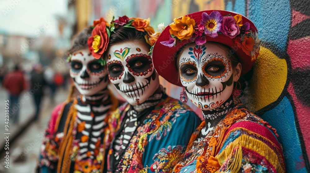 A group of friends dressed in colorful Día de los Muertos Day of the Dead attire, with their faces painted like skulls and flowers, standing against an urban graffiti wall. A group of friends dressed in colorful Día de los Muertos Day of the Dead attire, with their faces painted like skulls and flowers, standing against an urban graffiti wall.