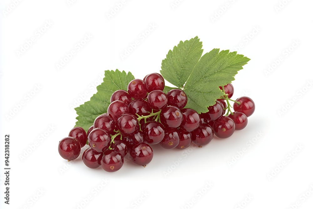 A bunch of red currants with green leaves on a white background. A bunch of red currants with green leaves on a white background.