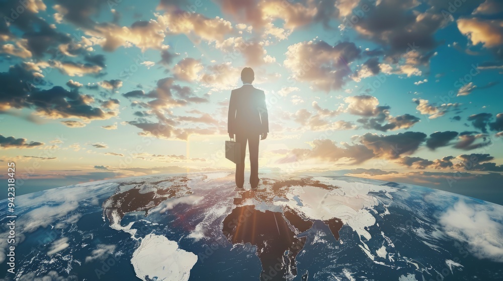 Businessman on top of the world, holding a briefcase generative ai