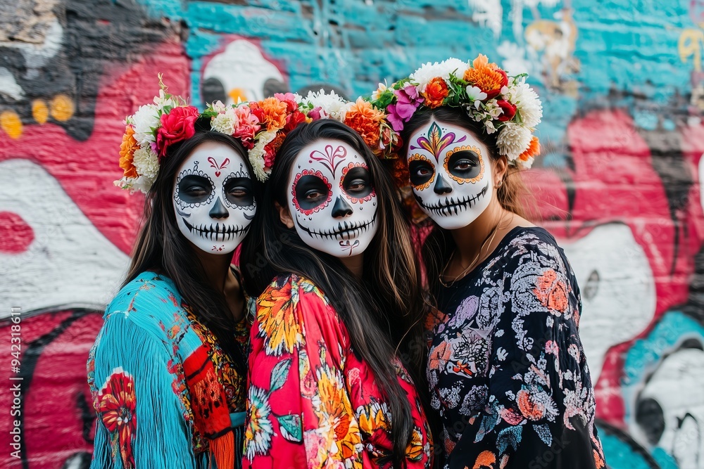 A group of friends dressed in colorful Día de los Muertos Day of the Dead attire, with their faces painted like skulls and flowers, standing against an urban graffiti wall. A group of friends dressed in colorful Día de los Muertos Day of the Dead attire, with their faces painted like skulls and flowers, standing against an urban graffiti wall.