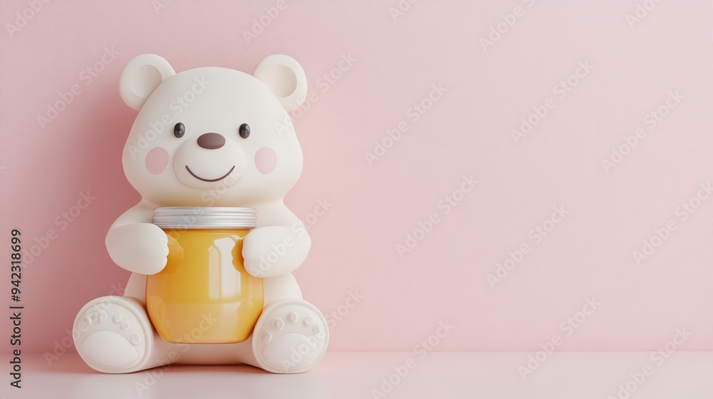 Cute Cartoon Bear Holding Jar on Pink Background Cute Cartoon Bear Holding Jar on Pink Background