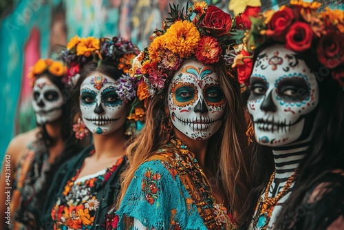 A group of friends dressed in colorful Día de los Muertos Day of the Dead attire, with their faces painted like skulls and flowers, standing against an urban graffiti wall. 