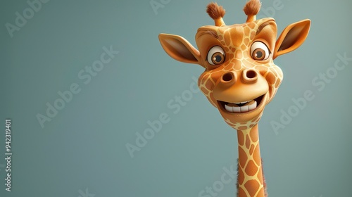 A friendly cartoon giraffe with a big smile looks directly at the camera. photo