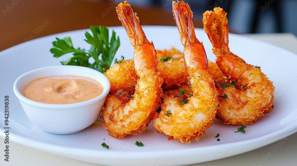 Crispy Fried Shrimp with Sauce on White Plate Crispy Fried Shrimp with Sauce on White Plate