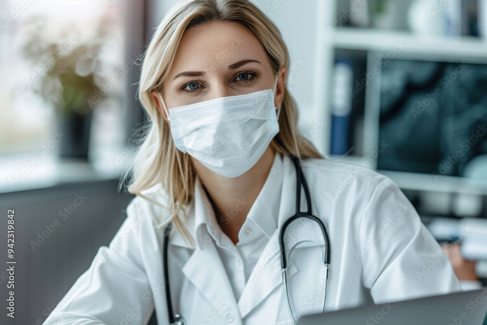 Telehealth consultations featuring a healthcare provider with a laptop and face mask, ensuring safety and wellness during the pandemic Telehealth consultations featuring a healthcare provider with a laptop and face mask, ensuring safety and wellness during the pandemic