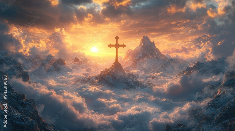 Cross on Mountain Peak at Sunset with Dramatic Clouds Cross on Mountain Peak at Sunset with Dramatic Clouds