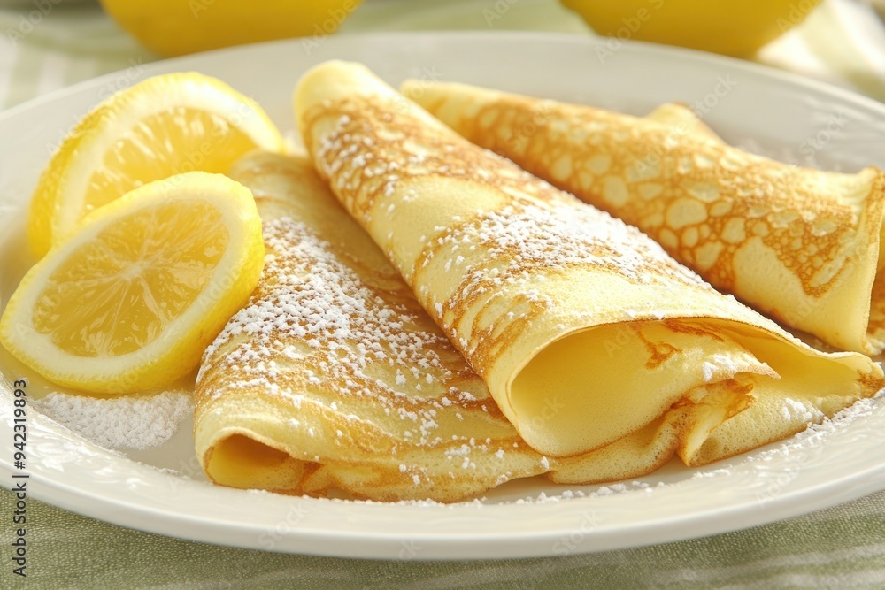 Fluffy crepes with lemon slices and powdered sugar on a white plate-gigapixel-hq-scale-6_00x Fluffy crepes with lemon slices and powdered sugar on a white plate-gigapixel-hq-scale-6_00x