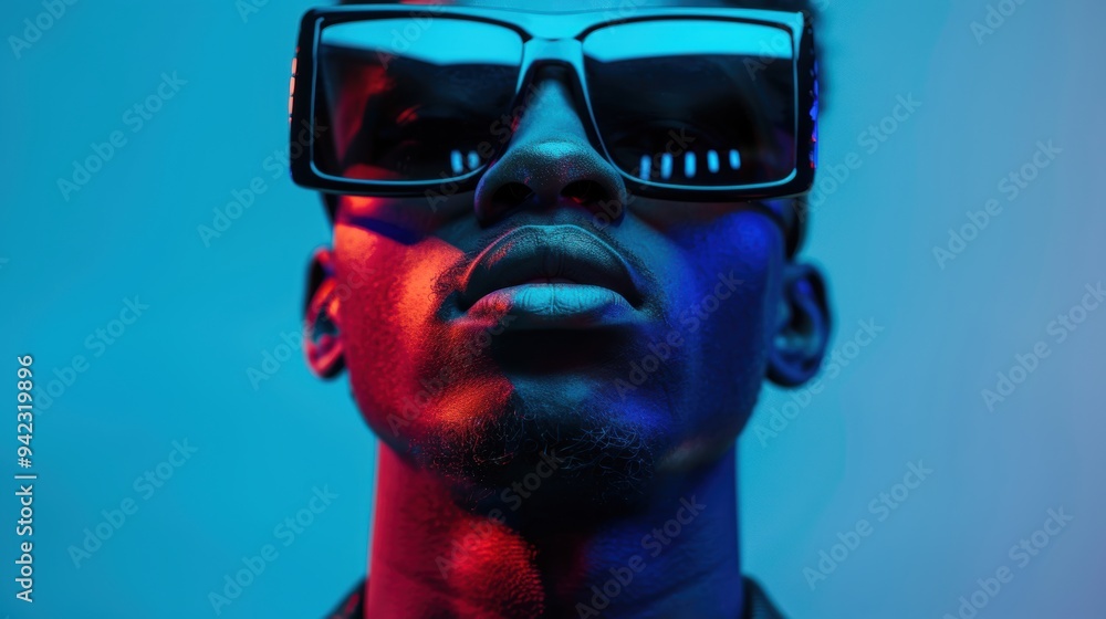 Individual wearing trendy virtual reality sunglasses for fashion and style against a neon background. Embracing futuristic aesthetics with a technology-inspired vibe Individual wearing trendy virtual reality sunglasses for fashion and style against a neon background. Embracing futuristic aesthetics with a technology-inspired vibe