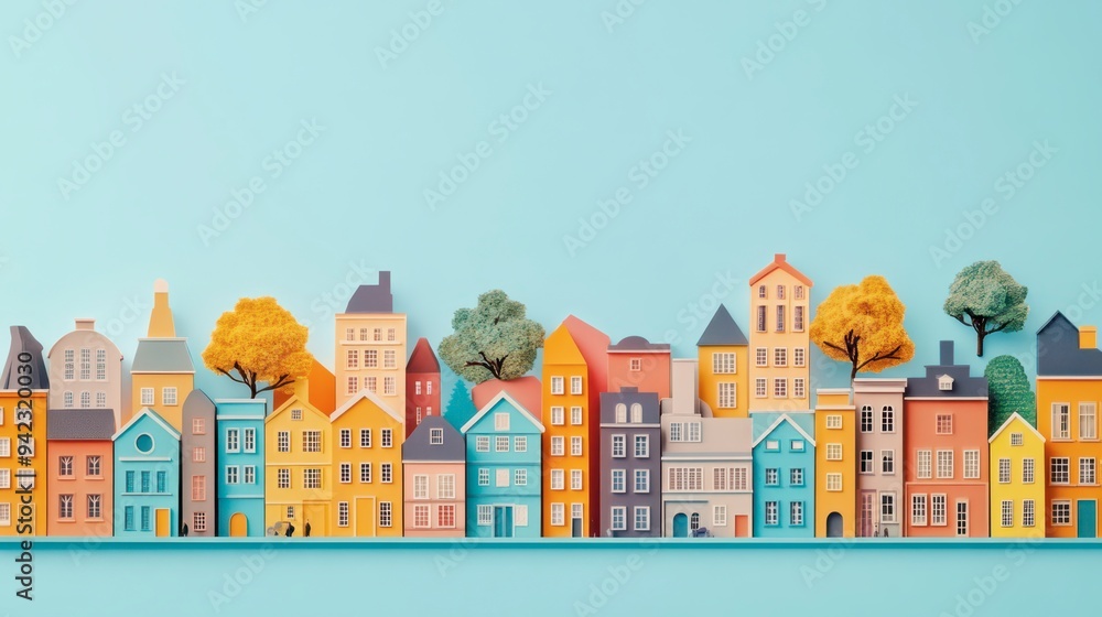 Whimsical paper cityscape with colorful houses on blue background Whimsical paper cityscape with colorful houses on blue background