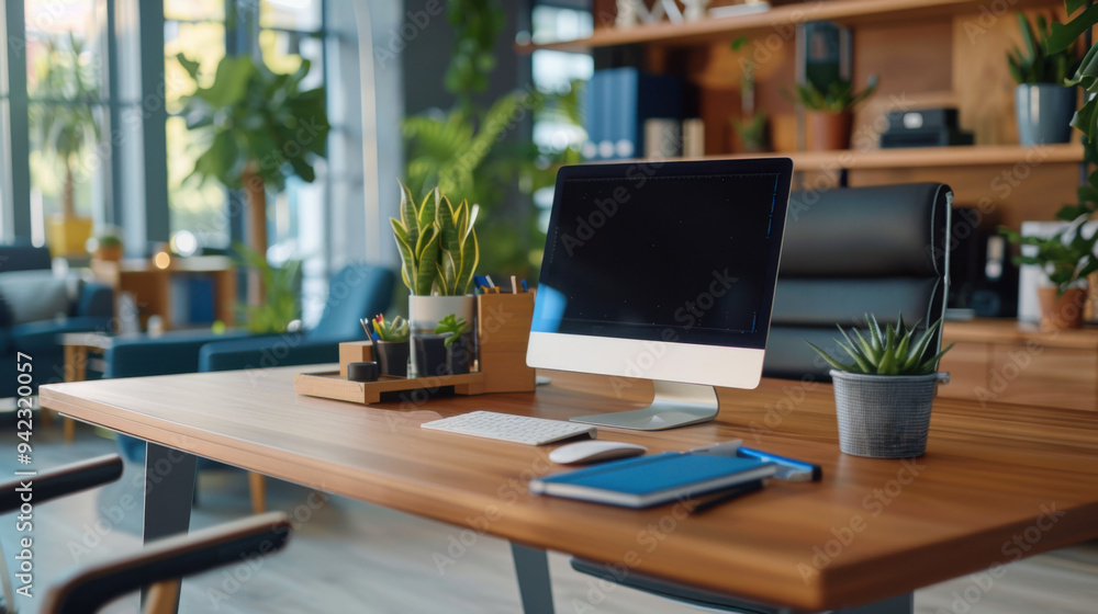 A stylish and organized office desk featuring a desktop computer, various plants, and stationery, in a well-lit and modern office. A stylish and organized office desk featuring a desktop computer, various plants, and stationery, in a well-lit and modern office.
