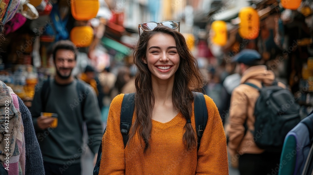 Happy Young Woman Smiling in Busy City Street Happy Young Woman Smiling in Busy City Street