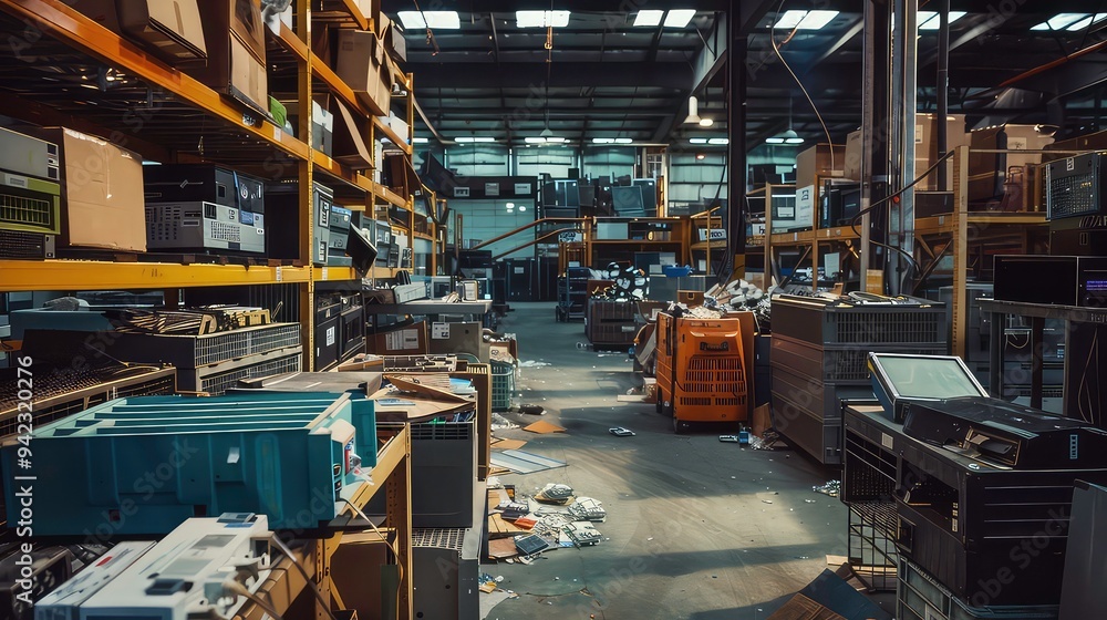 A cluttered warehouse with shelves stacked with boxes and electronics, and a forklift in the middle of the floor. A cluttered warehouse with shelves stacked with boxes and electronics, and a forklift in the middle of the floor.