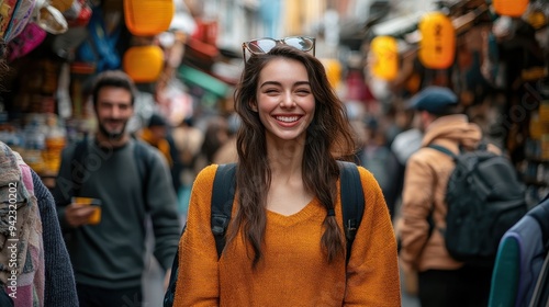 Happy Young Woman Smiling in Busy City Street