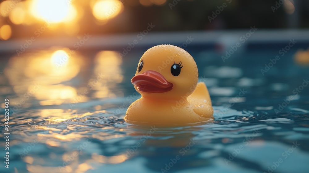 Rubber Duck in Swimming Pool at Sunset Rubber Duck in Swimming Pool at Sunset