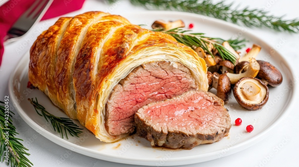 Beef Wellington with Mushrooms and Rosemary Garnish Beef Wellington with Mushrooms and Rosemary Garnish