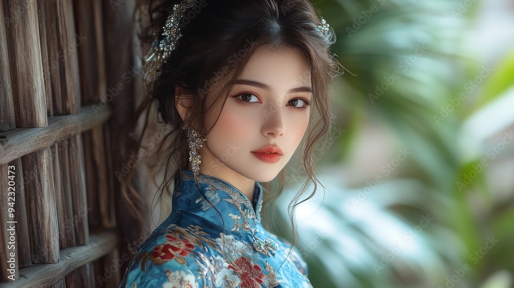 Fototapeta premium Elegant Asian Woman in Traditional Dress