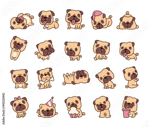 Cute little pug. Cartoon animal character. Hand drawn style. Vector drawing. Collection of design elements.