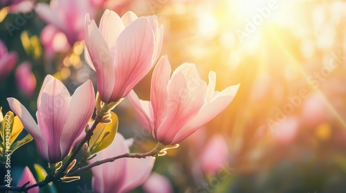 Pink magnolia flowers blooming in spring garden