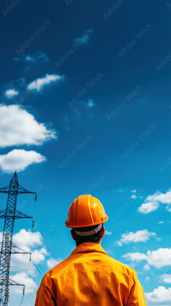 A construction worker in an orange helmet looks toward the blue sky, reflecting on safety and progress in the energy industry. A construction worker in an orange helmet looks toward the blue sky, reflecting on safety and progress in the energy industry.